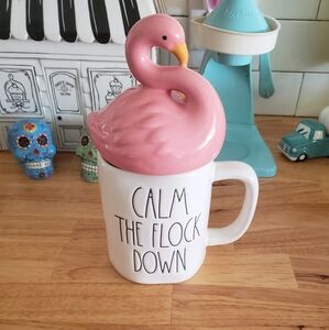 🦩Rae Dunn CALM THE FLOCK DOWN mug w/pink flamingo topper🦩 HTF rare